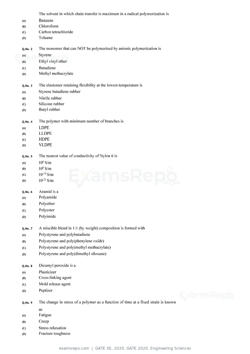 GATE XE 2020 question paper, GATE 2020, Engineering Sciences, page 30 of 45