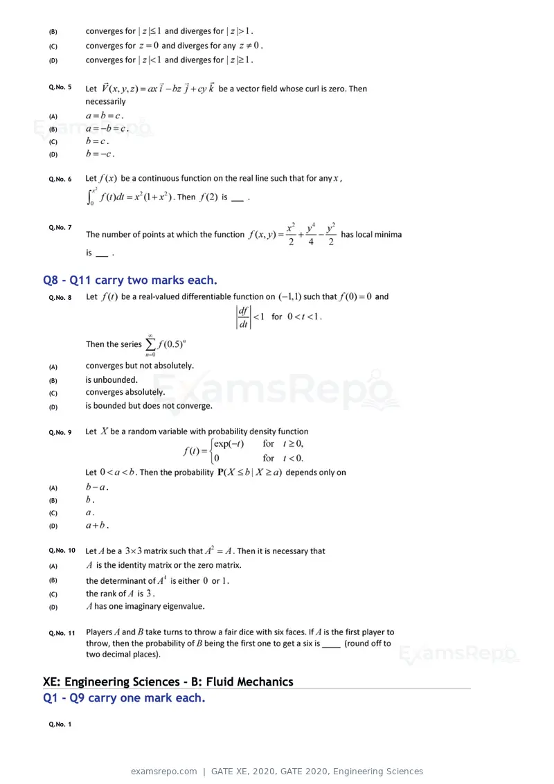 GATE XE 2020 question paper, GATE 2020, Engineering Sciences, page 4 of 45