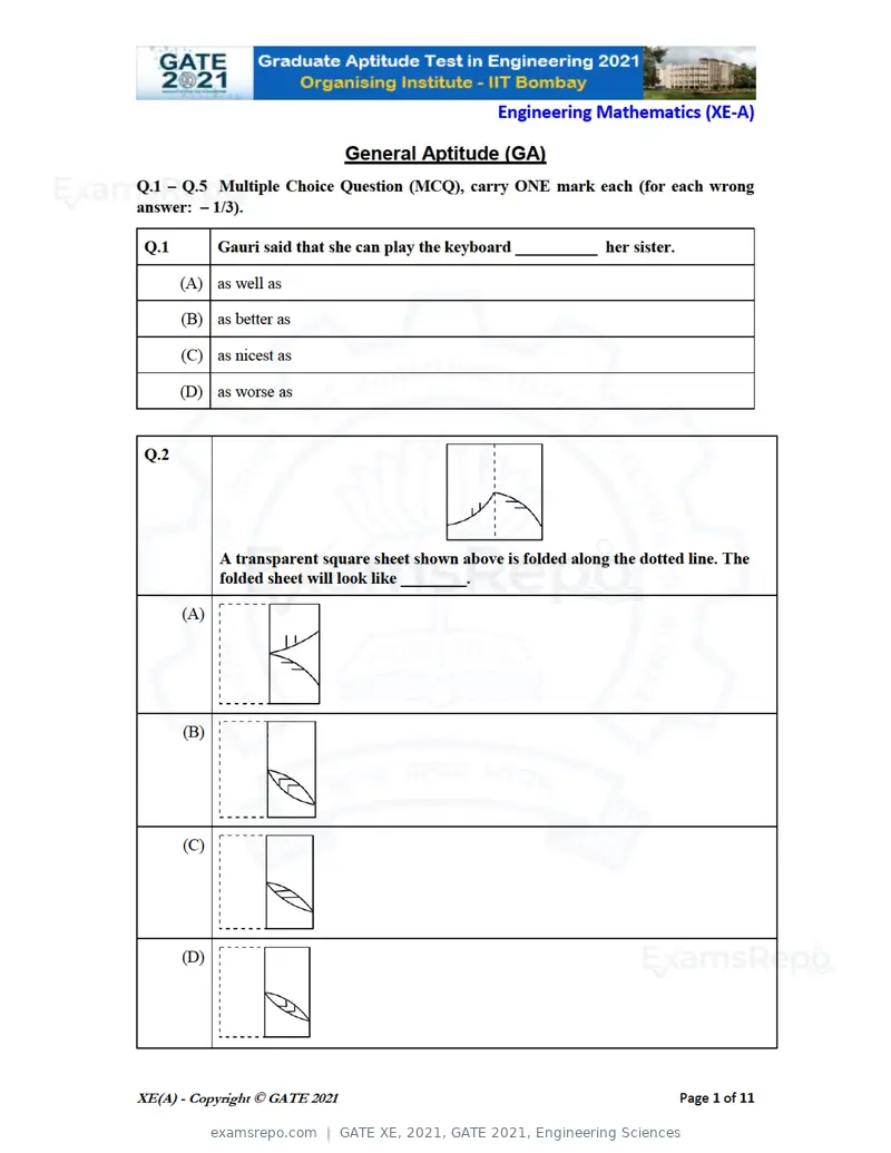 GATE XE 2021 question paper, GATE 2021, Engineering Sciences, page 1 of 93