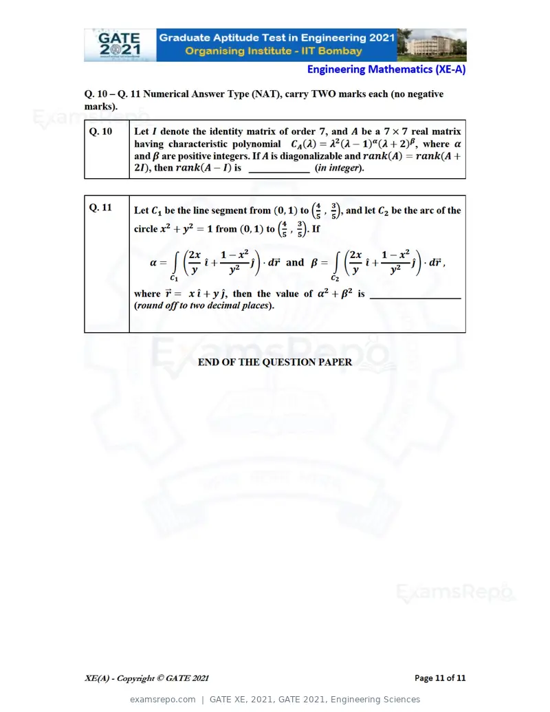 GATE XE 2021 question paper, GATE 2021, Engineering Sciences, page 11 of 93
