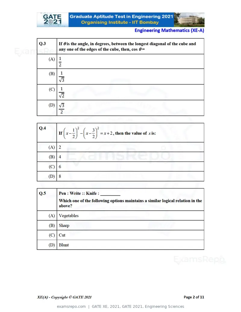GATE XE 2021 question paper, GATE 2021, Engineering Sciences, page 2 of 93