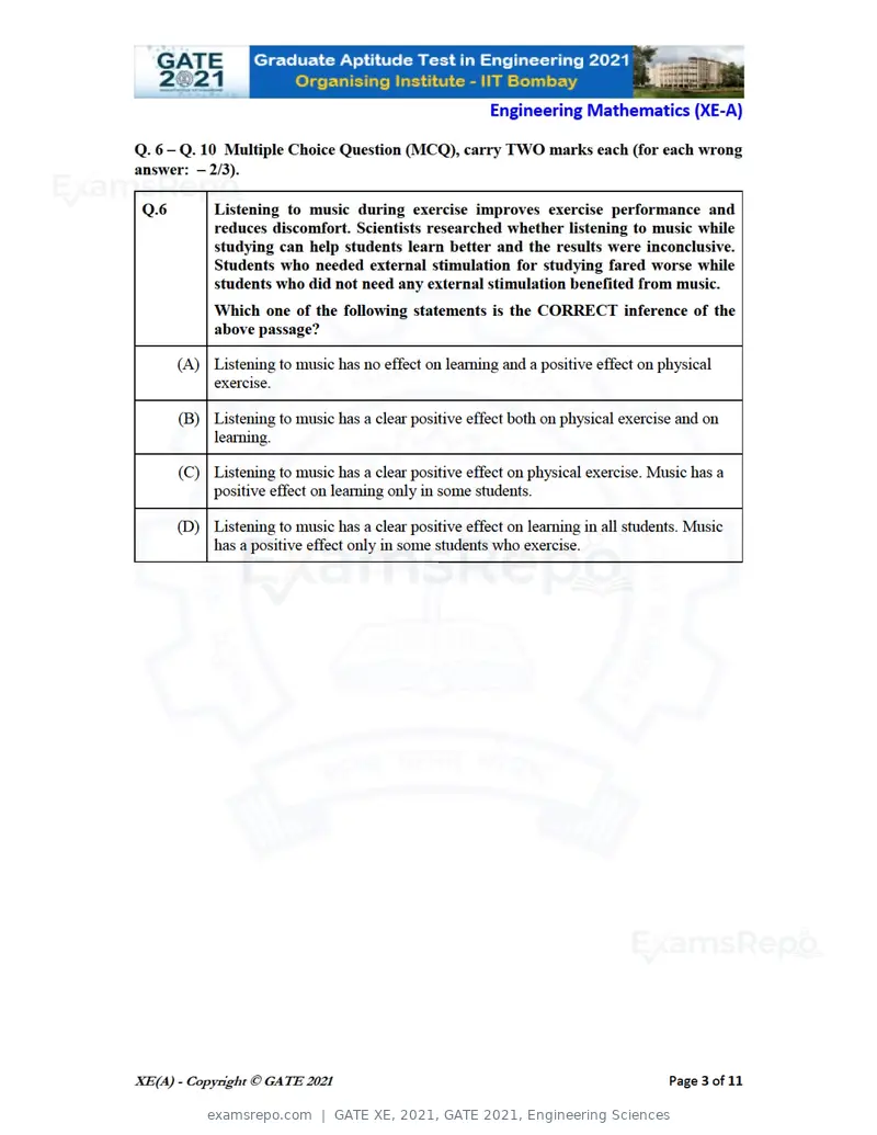 GATE XE 2021 question paper, GATE 2021, Engineering Sciences, page 3 of 93