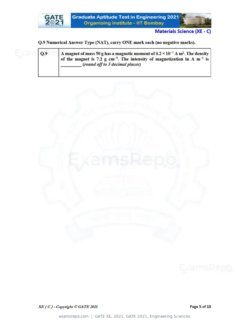 GATE XE 2021 question paper, GATE 2021, Engineering Sciences, page 31 of 93