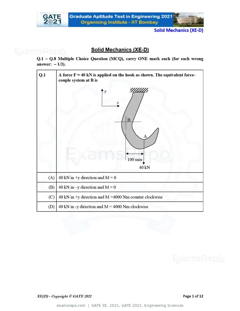 GATE XE 2021 question paper, GATE 2021, Engineering Sciences, page 39 of 93