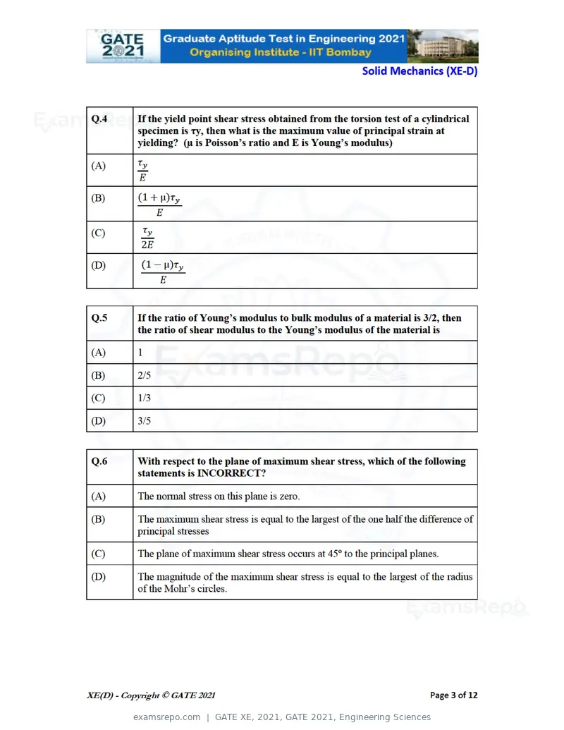 GATE XE 2021 question paper, GATE 2021, Engineering Sciences, page 41 of 93