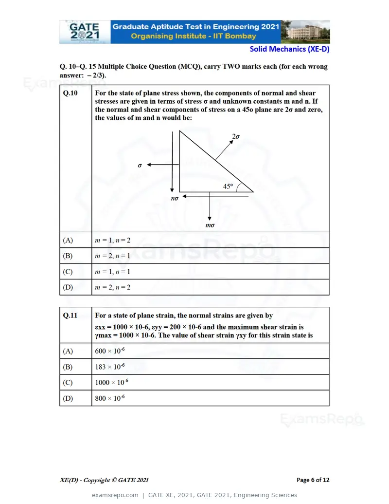 GATE XE 2021 question paper, GATE 2021, Engineering Sciences, page 44 of 93
