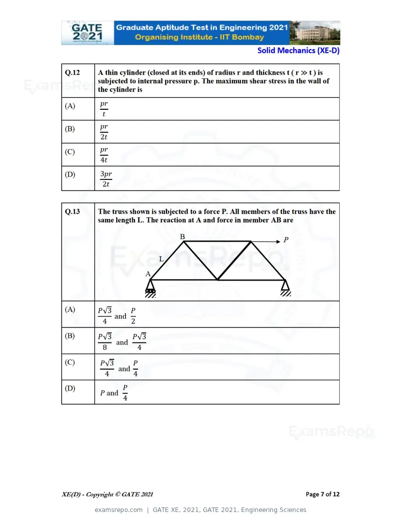 GATE XE 2021 question paper, GATE 2021, Engineering Sciences, page 45 of 93