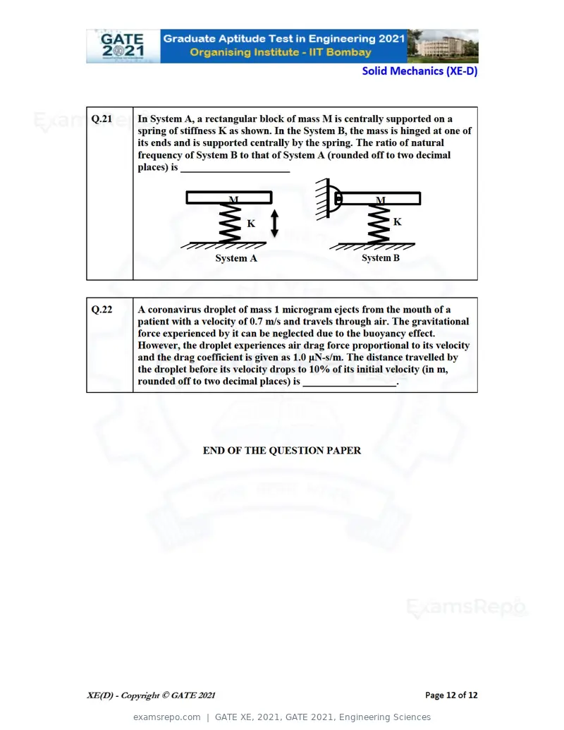 GATE XE 2021 question paper, GATE 2021, Engineering Sciences, page 50 of 93