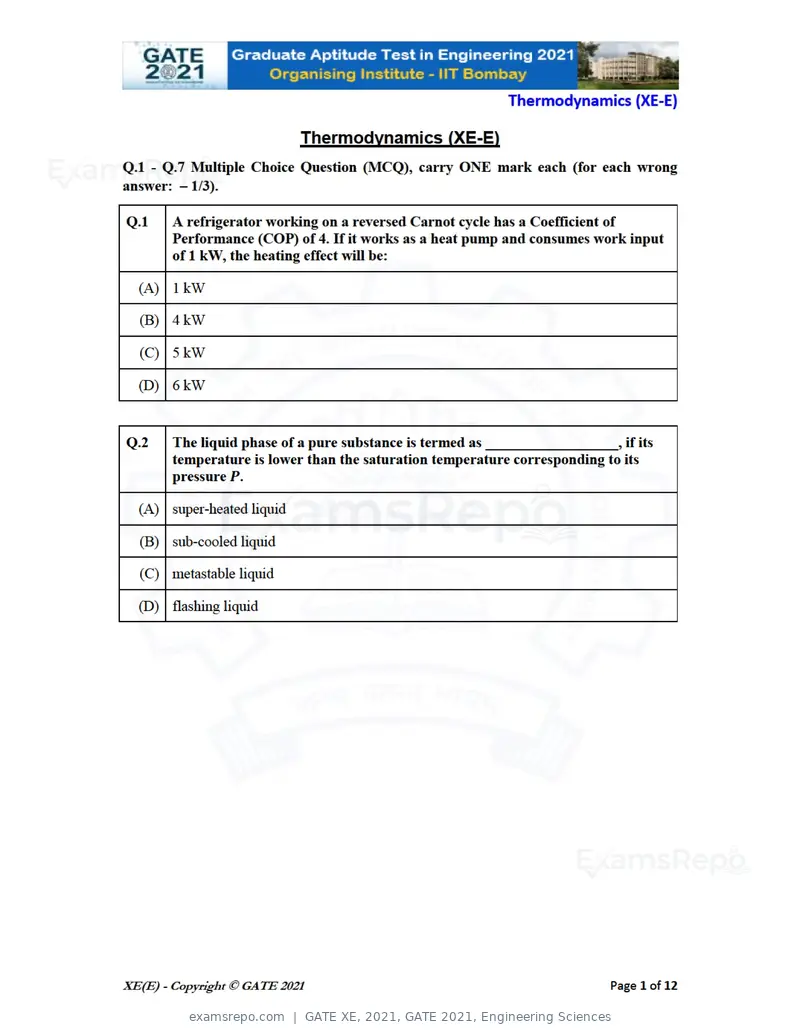 GATE XE 2021 question paper, GATE 2021, Engineering Sciences, page 52 of 93