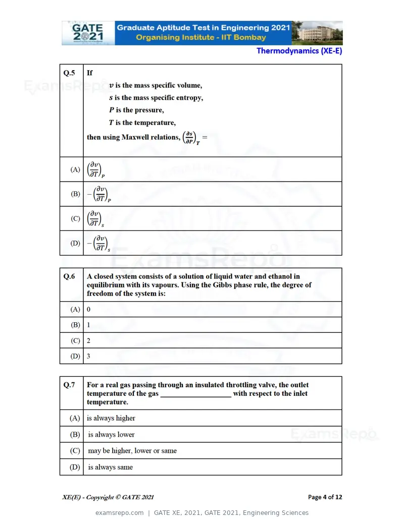 GATE XE 2021 question paper, GATE 2021, Engineering Sciences, page 55 of 93