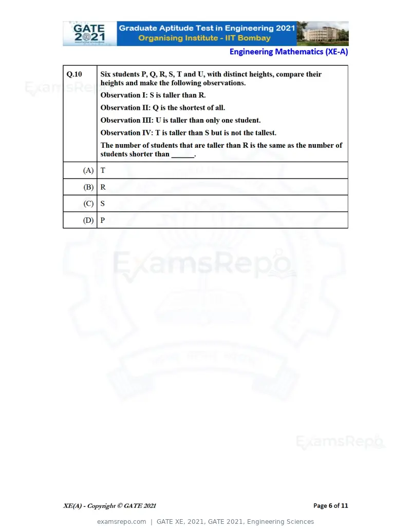 GATE XE 2021 question paper, GATE 2021, Engineering Sciences, page 6 of 93