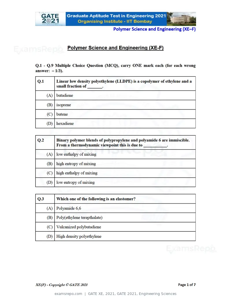 GATE XE 2021 question paper, GATE 2021, Engineering Sciences, page 65 of 93