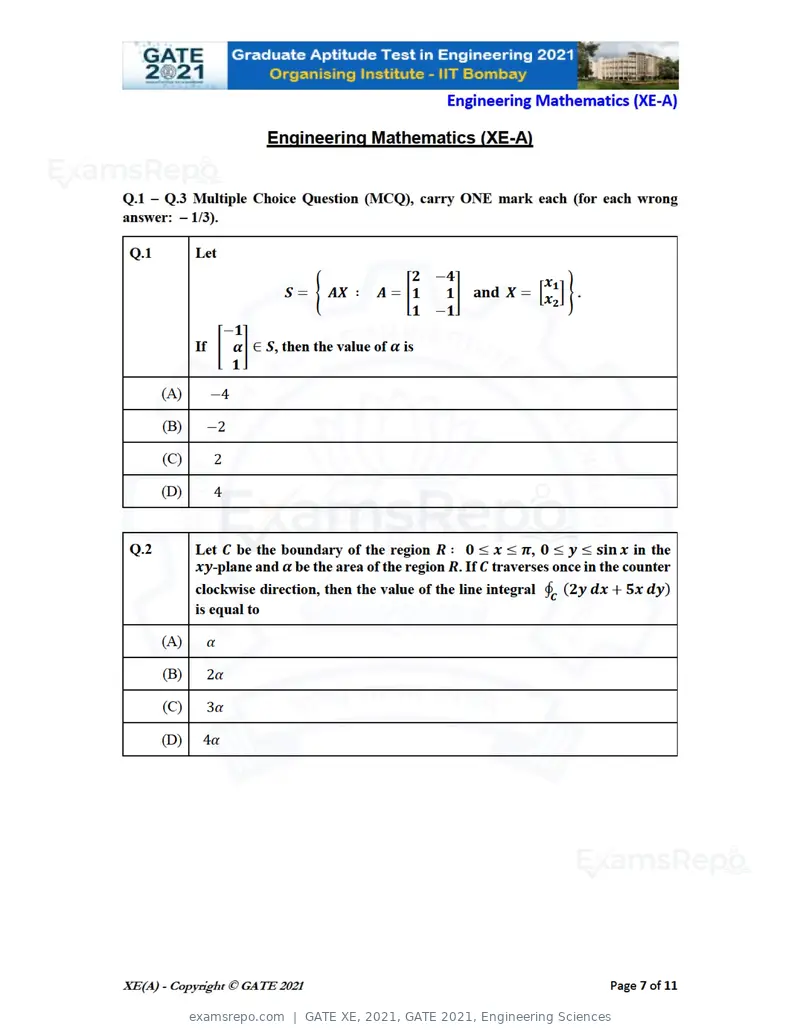 GATE XE 2021 question paper, GATE 2021, Engineering Sciences, page 7 of 93