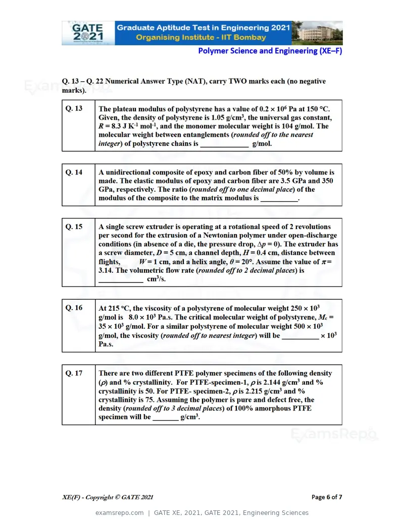 GATE XE 2021 question paper, GATE 2021, Engineering Sciences, page 70 of 93