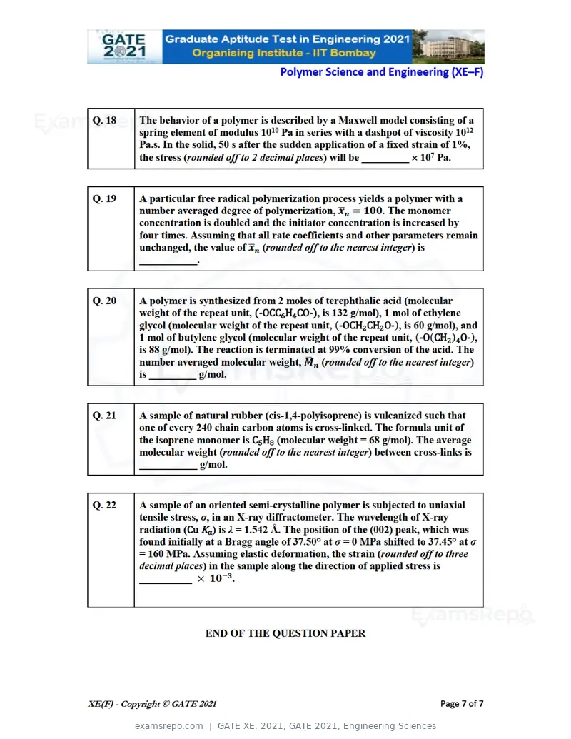 GATE XE 2021 question paper, GATE 2021, Engineering Sciences, page 71 of 93