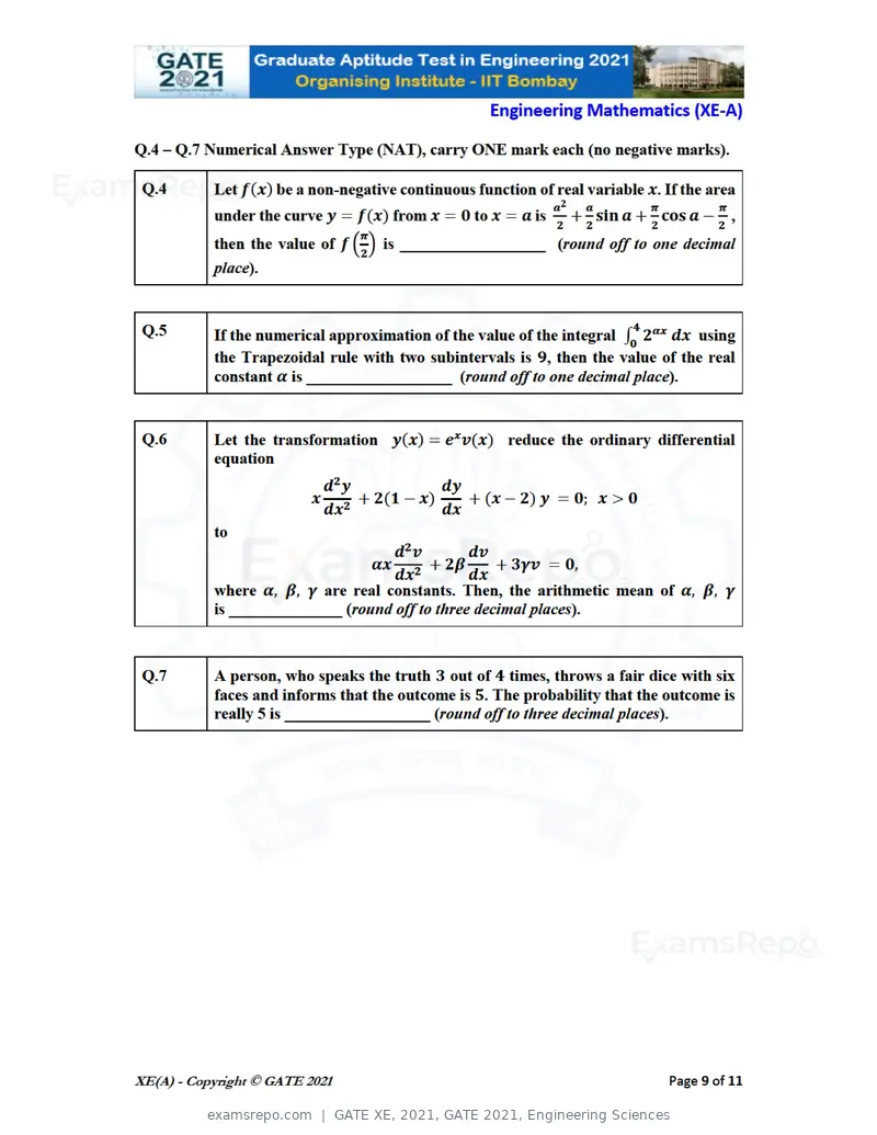 GATE XE 2021 question paper, GATE 2021, Engineering Sciences, page 9 of 93