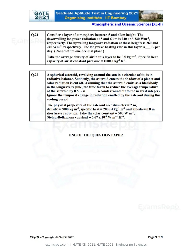 GATE XE 2021 question paper, GATE 2021, Engineering Sciences, page 91 of 93