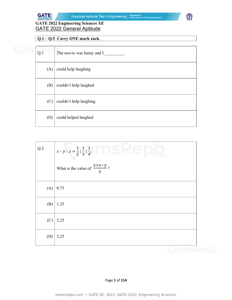GATE XE 2022 question paper, GATE 2022, Engineering Sciences, page 1 of 118
