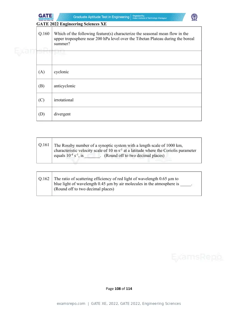 GATE XE 2022 question paper, GATE 2022, Engineering Sciences, page 108 of 118
