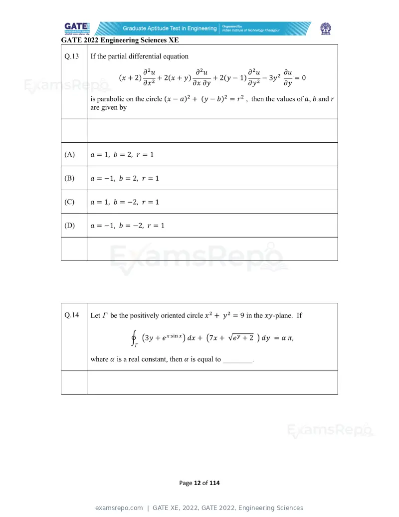 GATE XE 2022 question paper, GATE 2022, Engineering Sciences, page 12 of 118