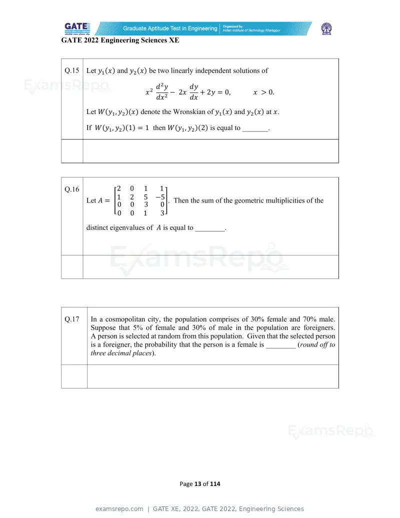 GATE XE 2022 question paper, GATE 2022, Engineering Sciences, page 13 of 118