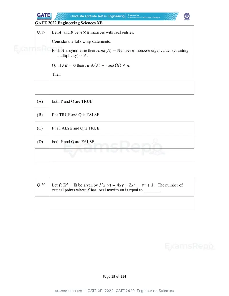 GATE XE 2022 question paper, GATE 2022, Engineering Sciences, page 15 of 118