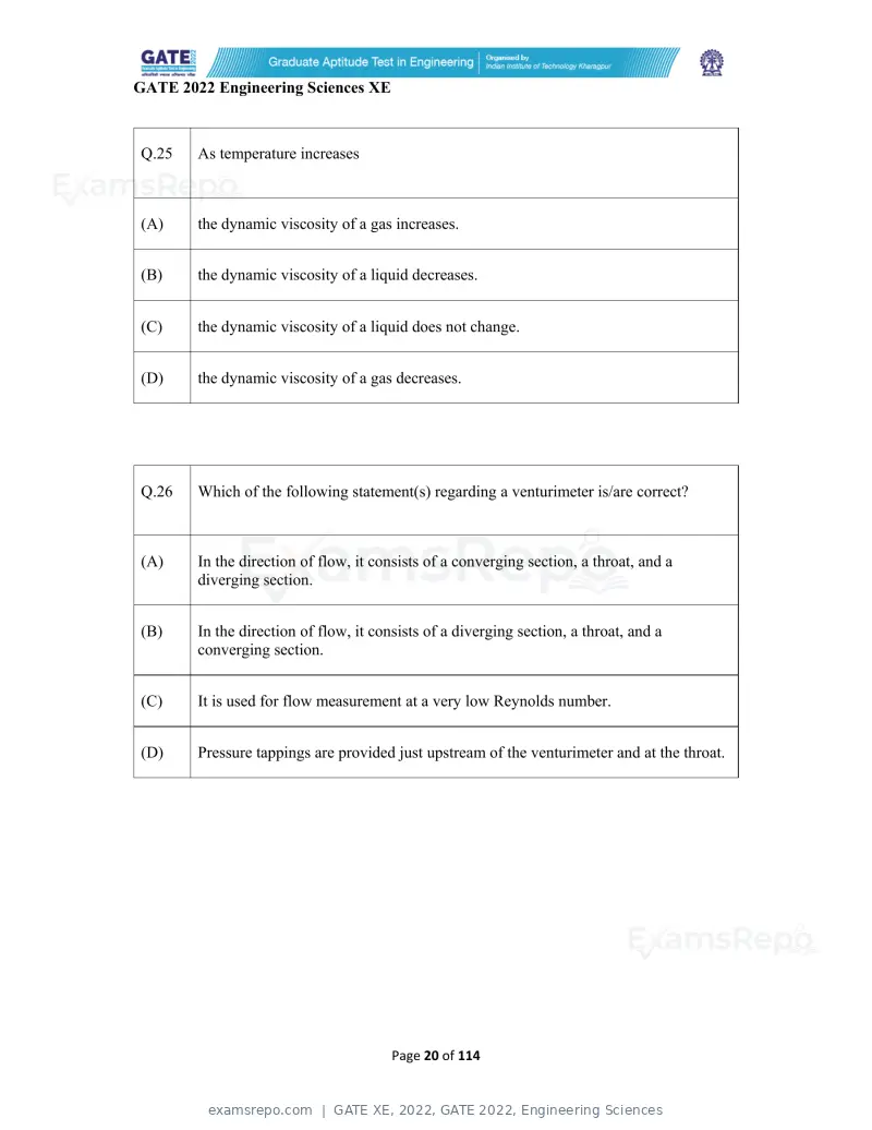 GATE XE 2022 question paper, GATE 2022, Engineering Sciences, page 20 of 118