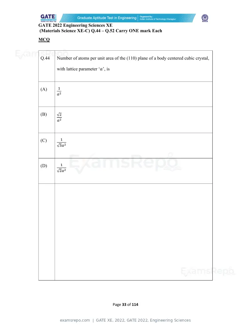 GATE XE 2022 question paper, GATE 2022, Engineering Sciences, page 33 of 118