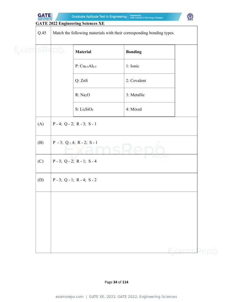 GATE XE 2022 question paper, GATE 2022, Engineering Sciences, page 34 of 118