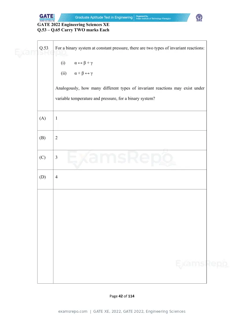 GATE XE 2022 question paper, GATE 2022, Engineering Sciences, page 42 of 118