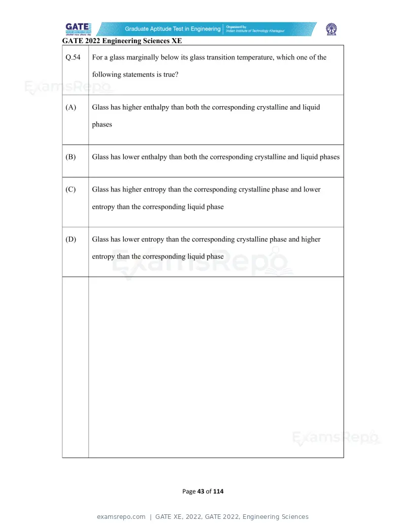 GATE XE 2022 question paper, GATE 2022, Engineering Sciences, page 43 of 118