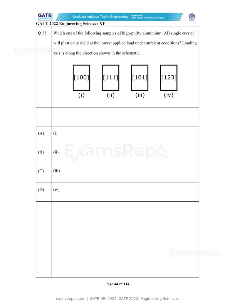GATE XE 2022 question paper, GATE 2022, Engineering Sciences, page 44 of 118