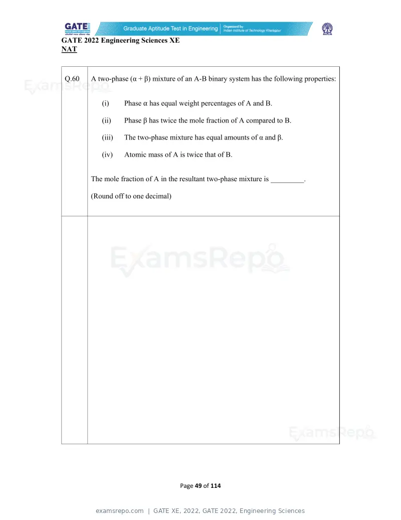 GATE XE 2022 question paper, GATE 2022, Engineering Sciences, page 49 of 118