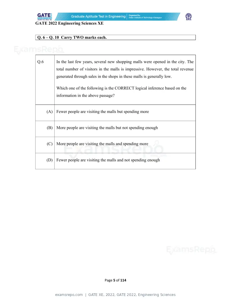 GATE XE 2022 question paper, GATE 2022, Engineering Sciences, page 5 of 118