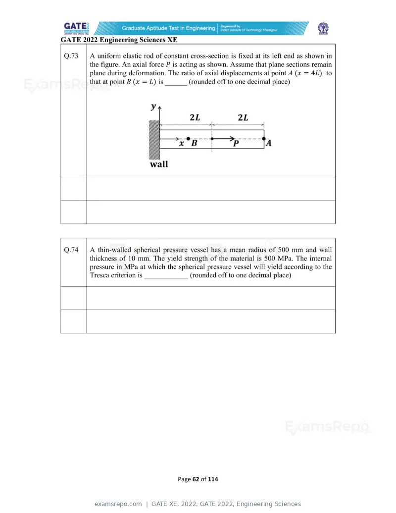 GATE XE 2022 question paper, GATE 2022, Engineering Sciences, page 62 of 118