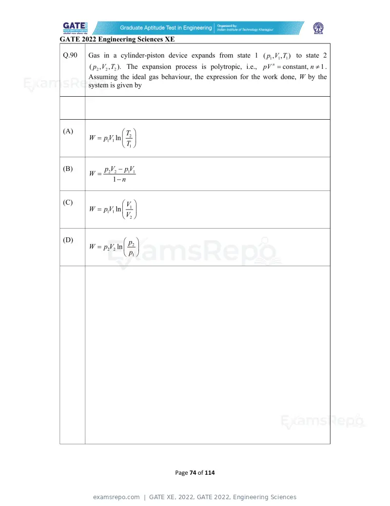 GATE XE 2022 question paper, GATE 2022, Engineering Sciences, page 74 of 118