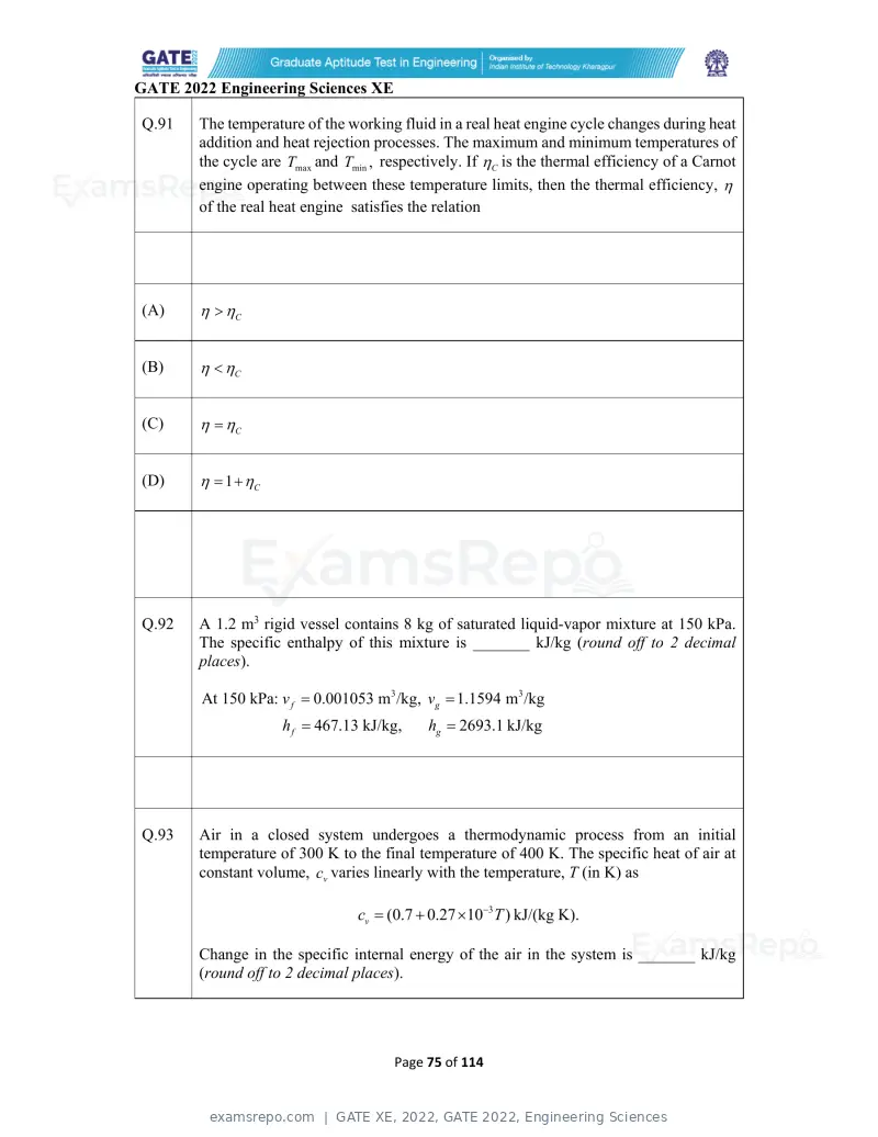 GATE XE 2022 question paper, GATE 2022, Engineering Sciences, page 75 of 118