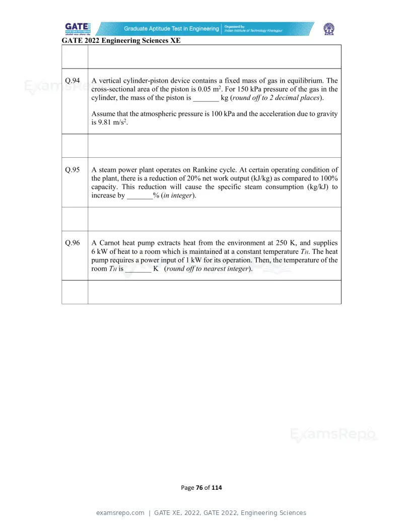 GATE XE 2022 question paper, GATE 2022, Engineering Sciences, page 76 of 118