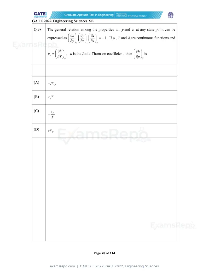 GATE XE 2022 question paper, GATE 2022, Engineering Sciences, page 78 of 118
