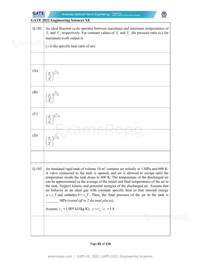 GATE XE 2022 question paper, GATE 2022, Engineering Sciences, page 81 of 118