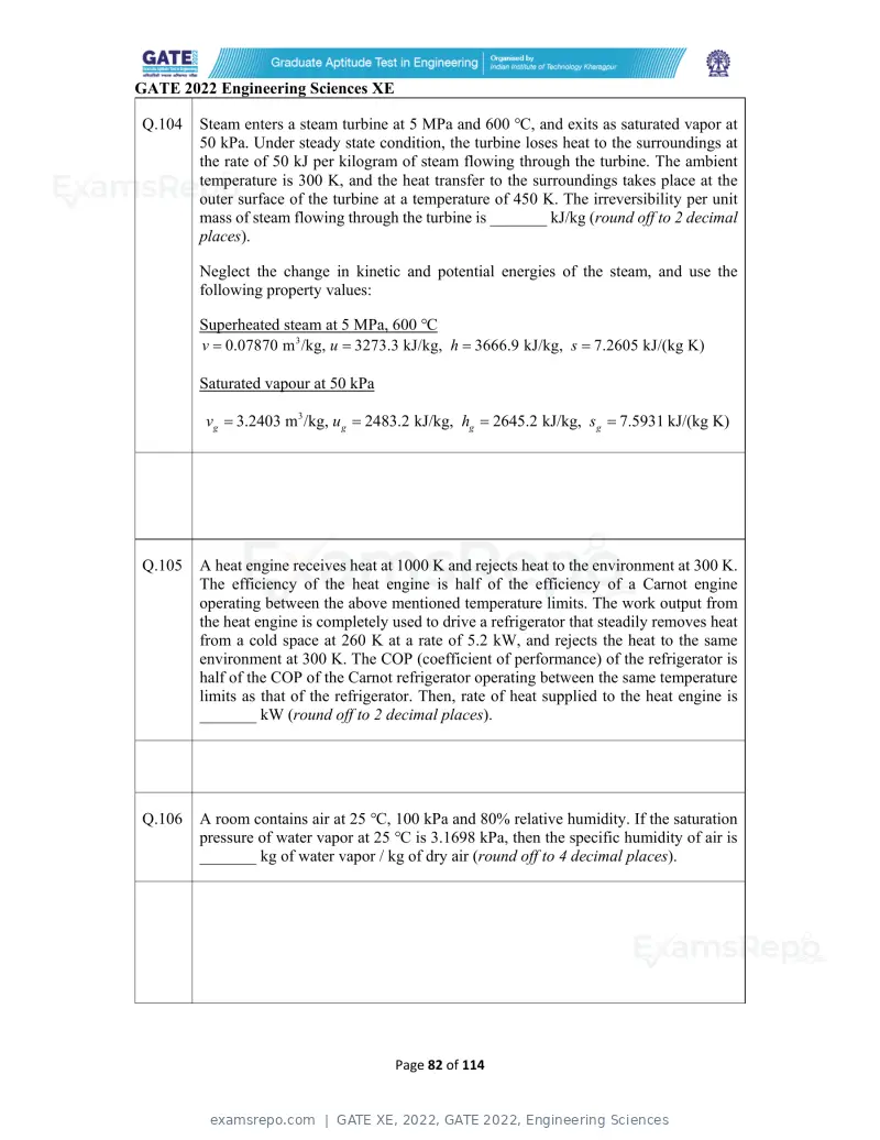 GATE XE 2022 question paper, GATE 2022, Engineering Sciences, page 82 of 118
