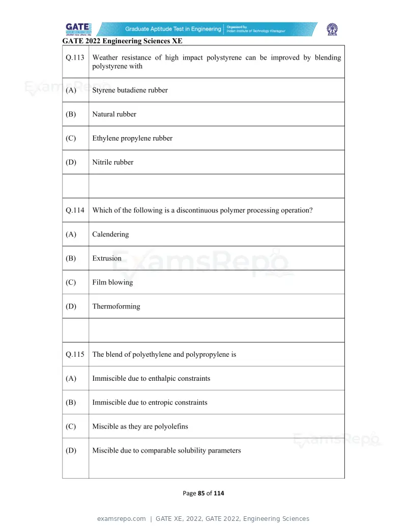 GATE XE 2022 question paper, GATE 2022, Engineering Sciences, page 85 of 118