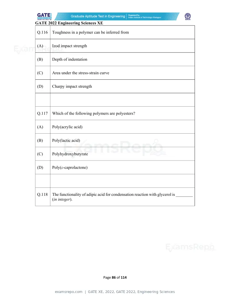 GATE XE 2022 question paper, GATE 2022, Engineering Sciences, page 86 of 118