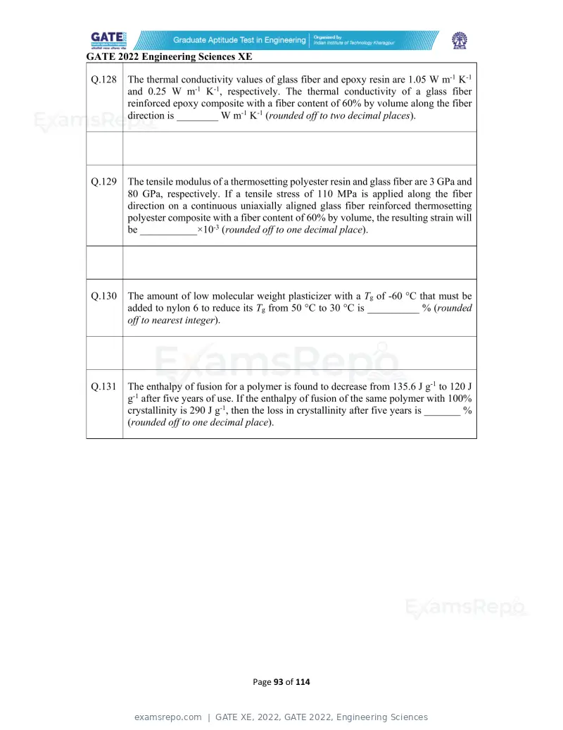 GATE XE 2022 question paper, GATE 2022, Engineering Sciences, page 93 of 118