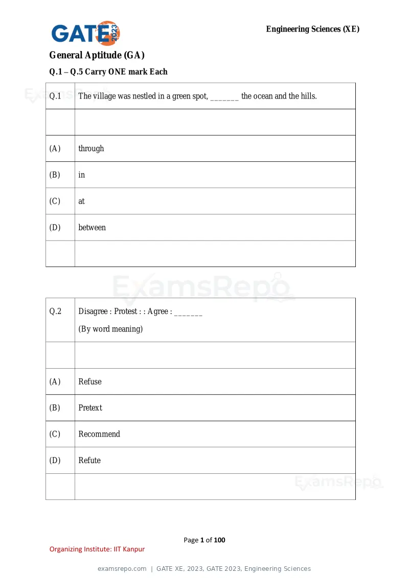 GATE XE 2023 question paper, GATE 2023, Engineering Sciences, page 1 of 100