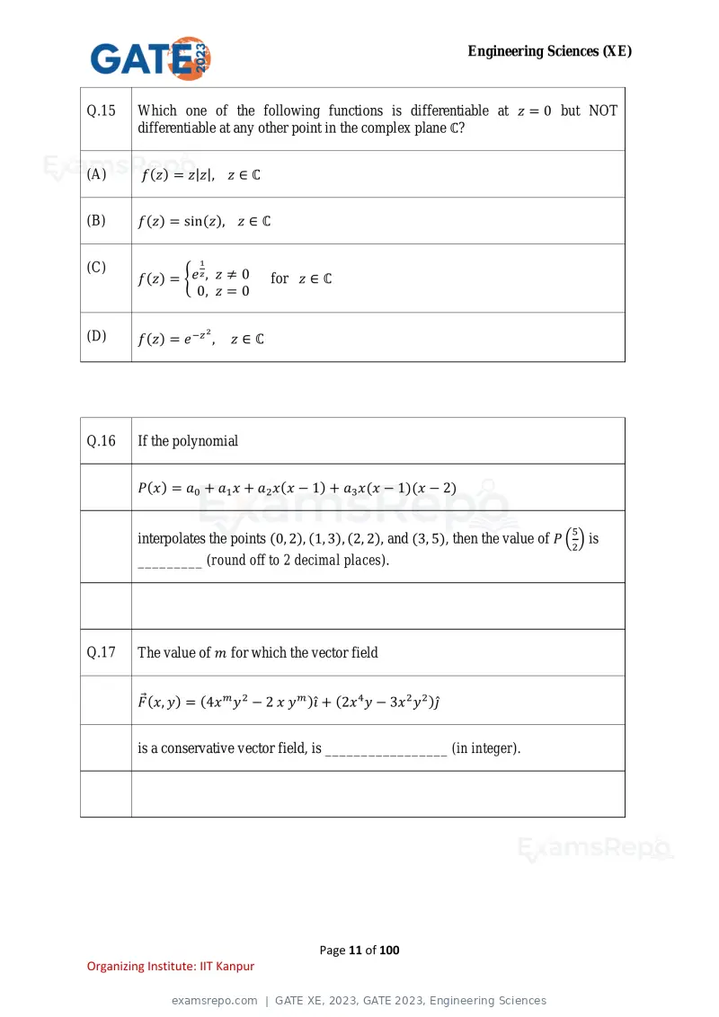 GATE XE 2023 question paper, GATE 2023, Engineering Sciences, page 11 of 100