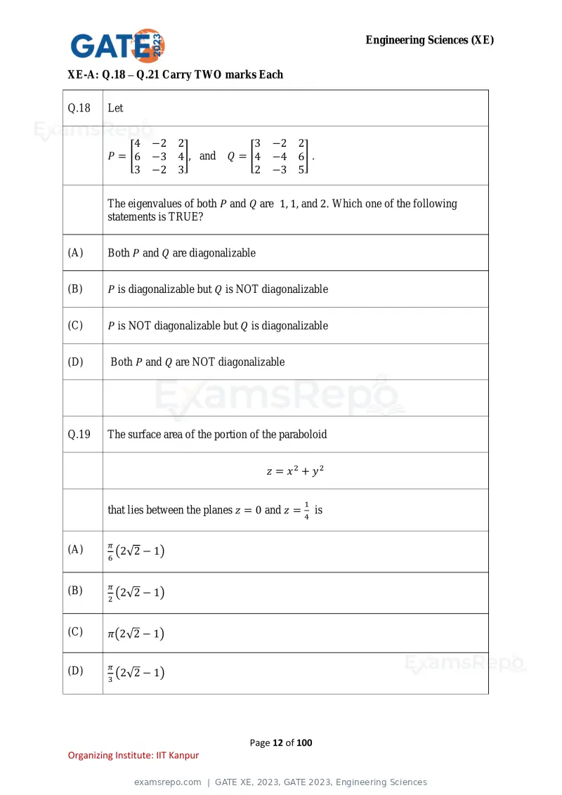 GATE XE 2023 question paper, GATE 2023, Engineering Sciences, page 12 of 100