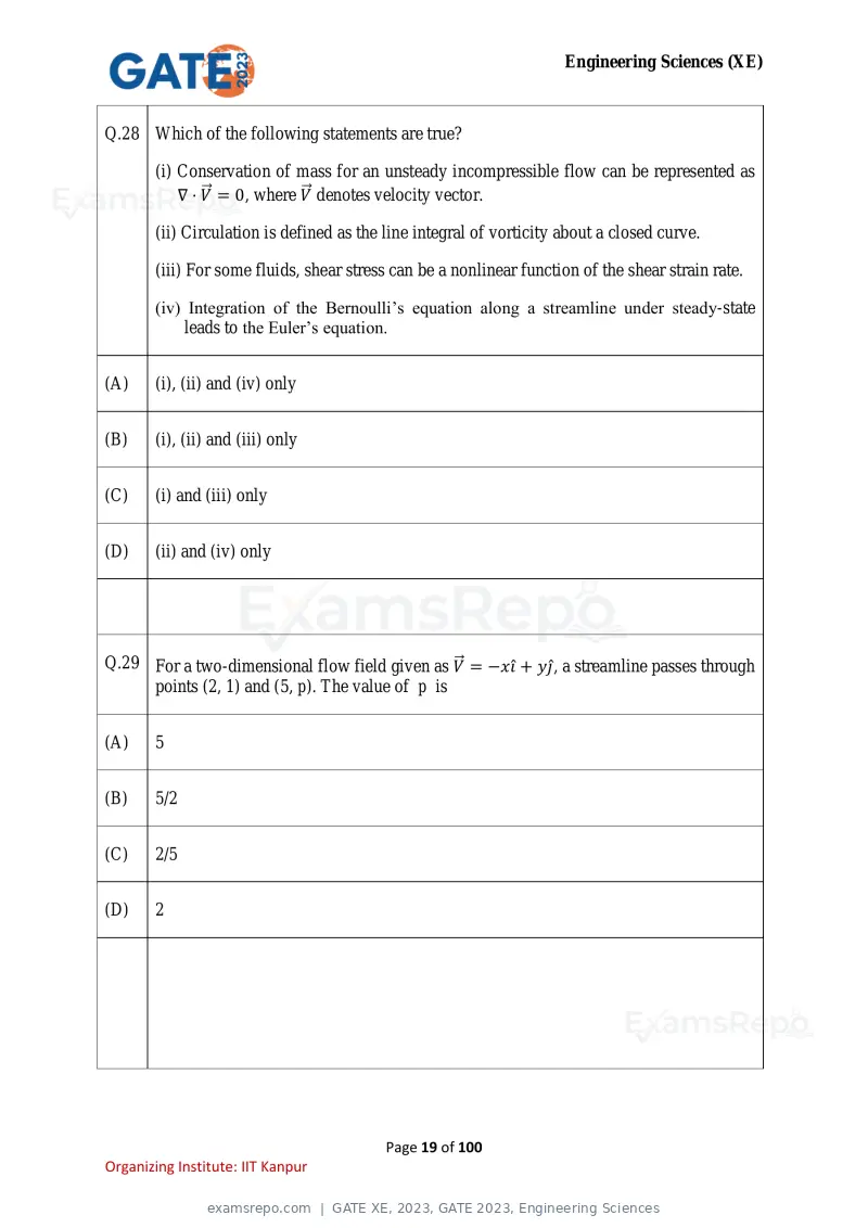 GATE XE 2023 question paper, GATE 2023, Engineering Sciences, page 19 of 100