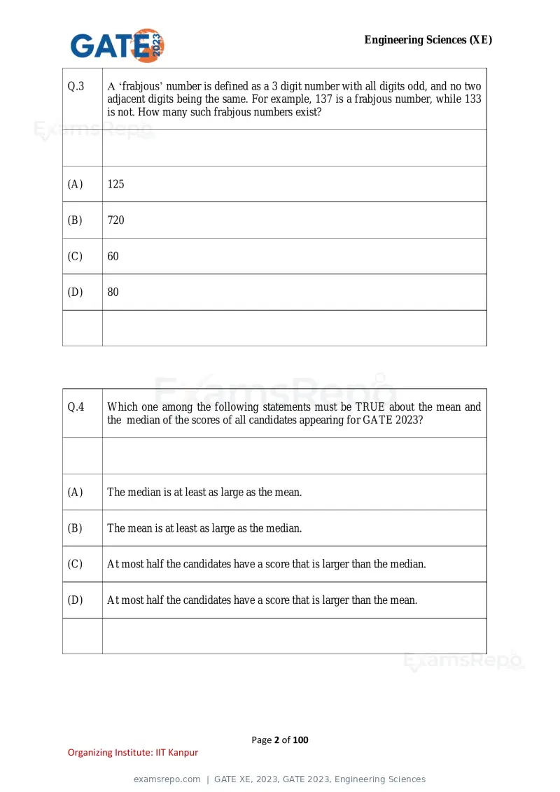 GATE XE 2023 question paper, GATE 2023, Engineering Sciences, page 2 of 100