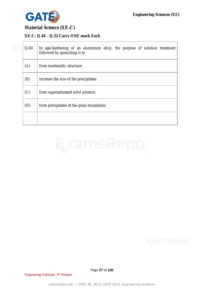 GATE XE 2023 question paper, GATE 2023, Engineering Sciences, page 27 of 100